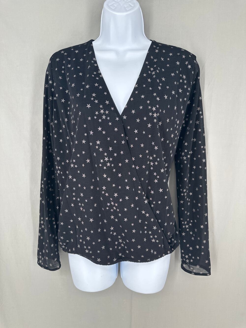 Mango Top Womens Small Black Star Print Sheer Silver Boho Witchy Whimsigoth